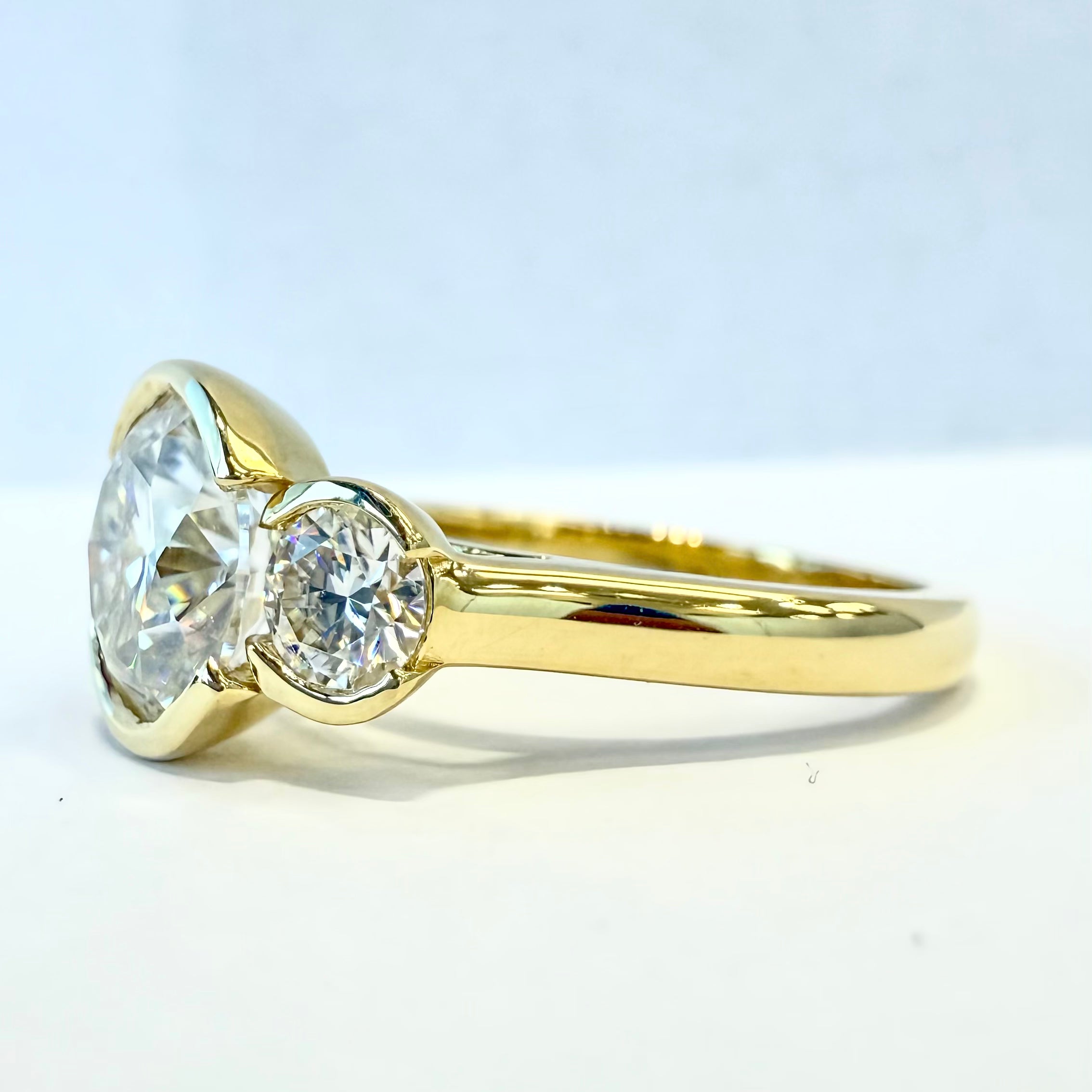 2.5 CTW 3 Stone Round Half Bezel Lab Grown Diamond Solid Gold Ring