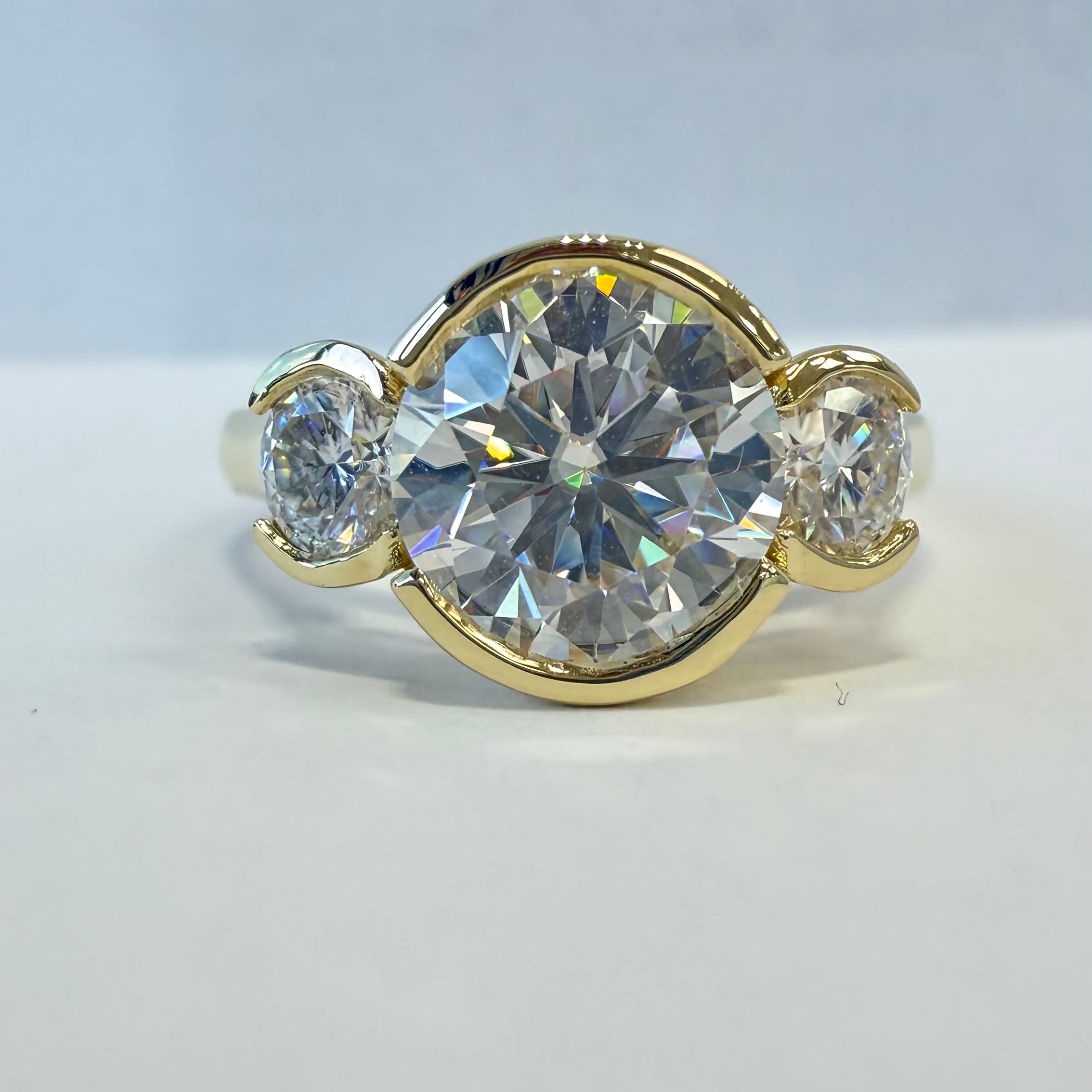 2.5 CTW 3 Stone Round Half Bezel Lab Grown Diamond Solid Gold Ring