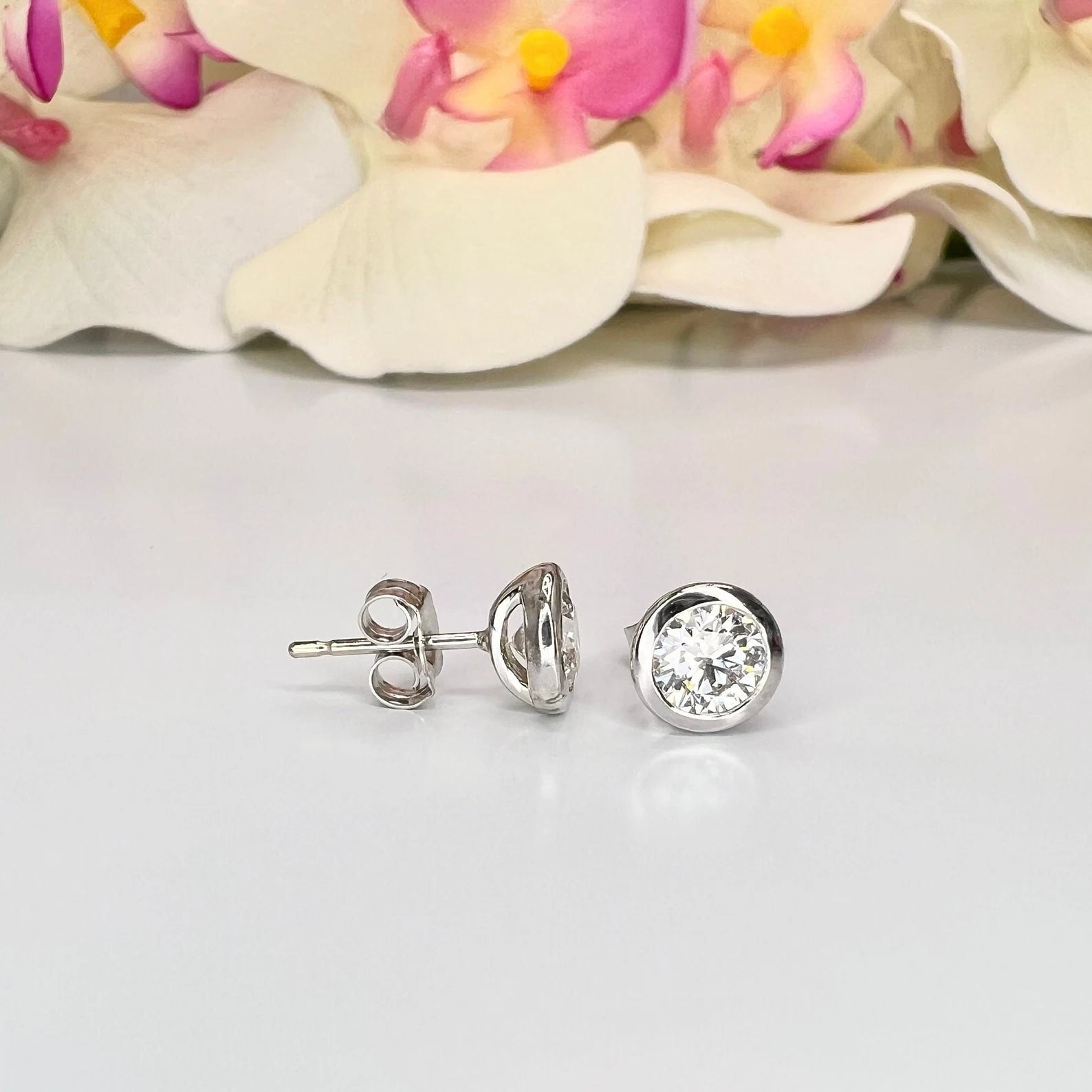 14K Gold Lab Grown Diamond Bezel Set Stud Earrings 1.00, 1.50, 2.00 CTW