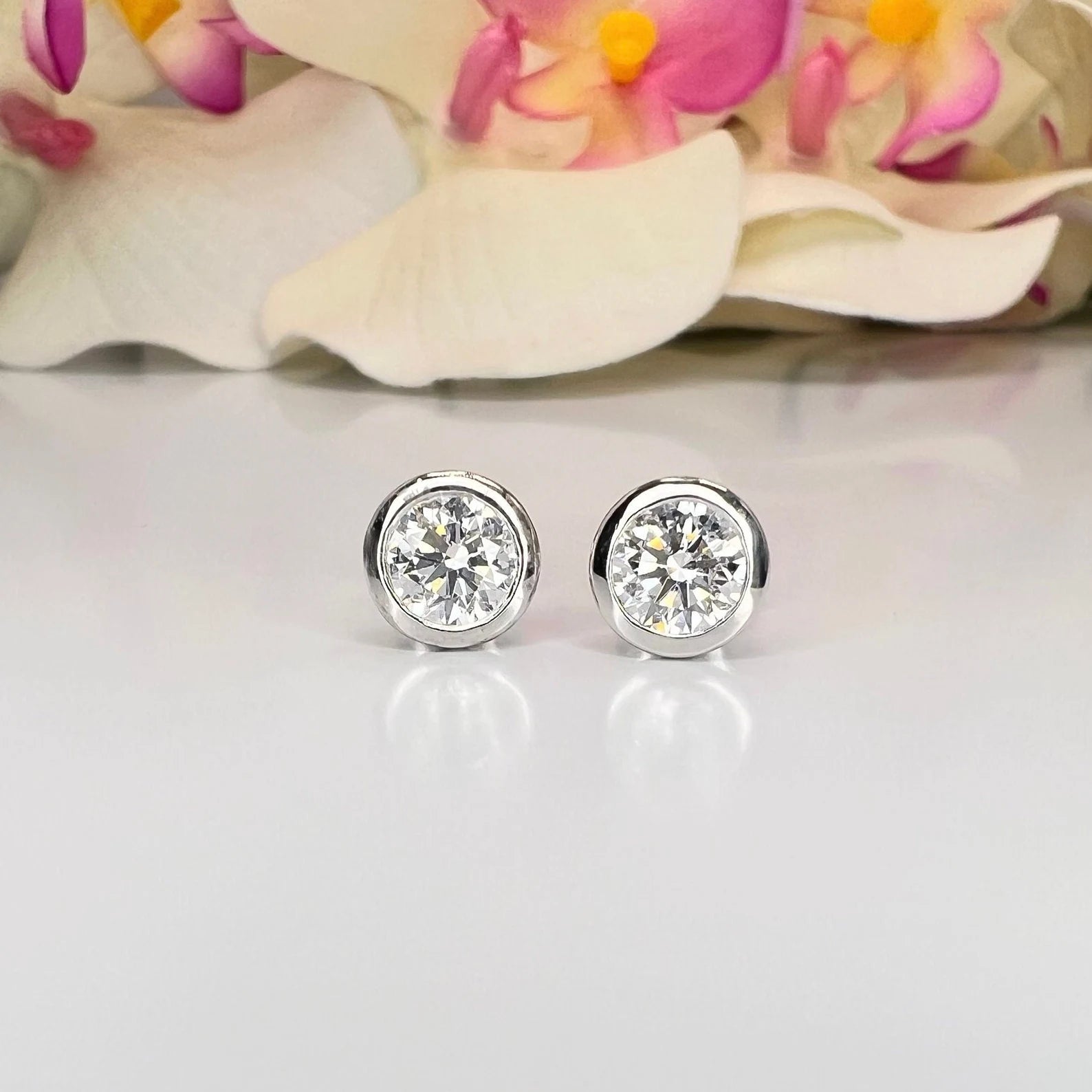 14K Gold Lab Grown Diamond Bezel Set Stud Earrings 1.00, 1.50, 2.00 CTW