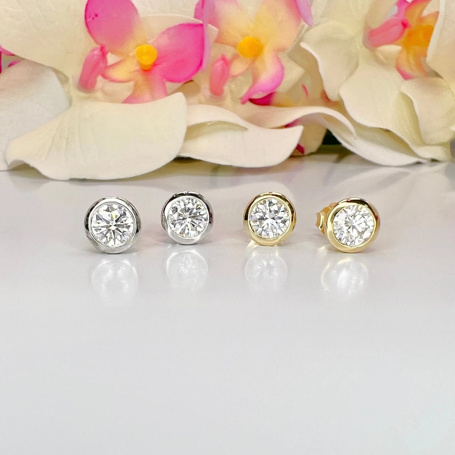 14K Gold Lab Grown Diamond Bezel Set Stud Earrings 1.00, 1.50, 2.00 CTW