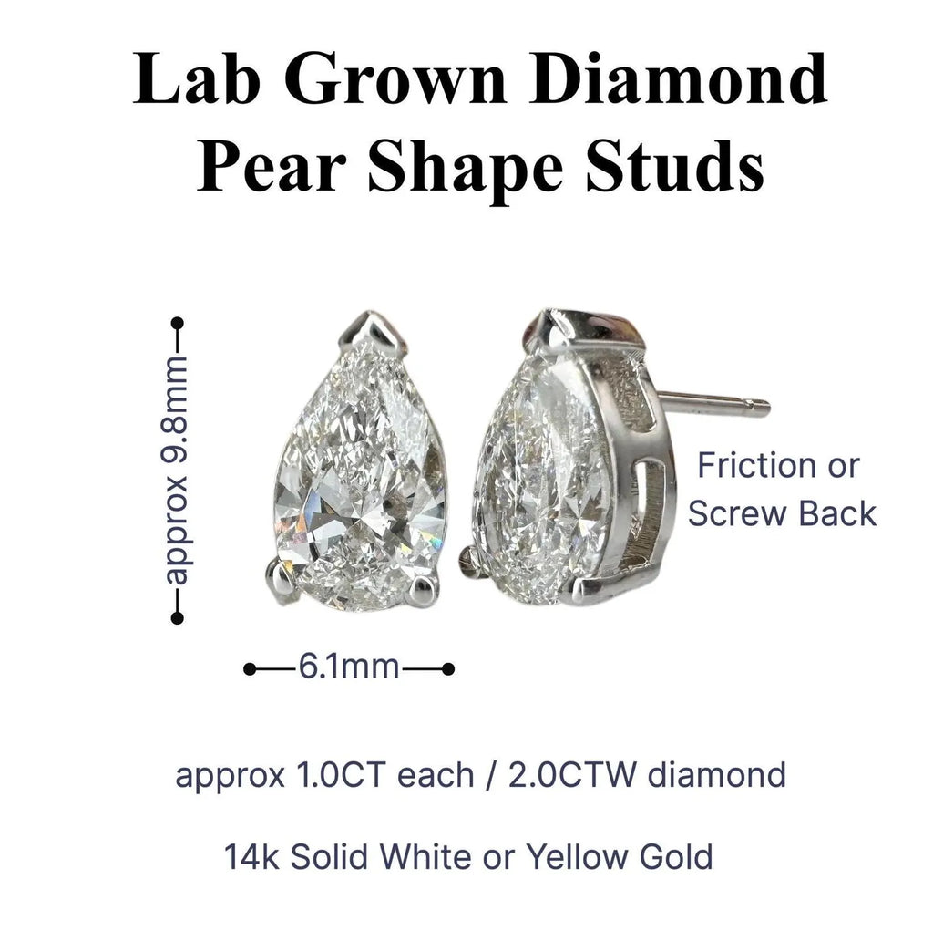 2 Carat Pear Shape Lab grown Diamond Stud Earrings