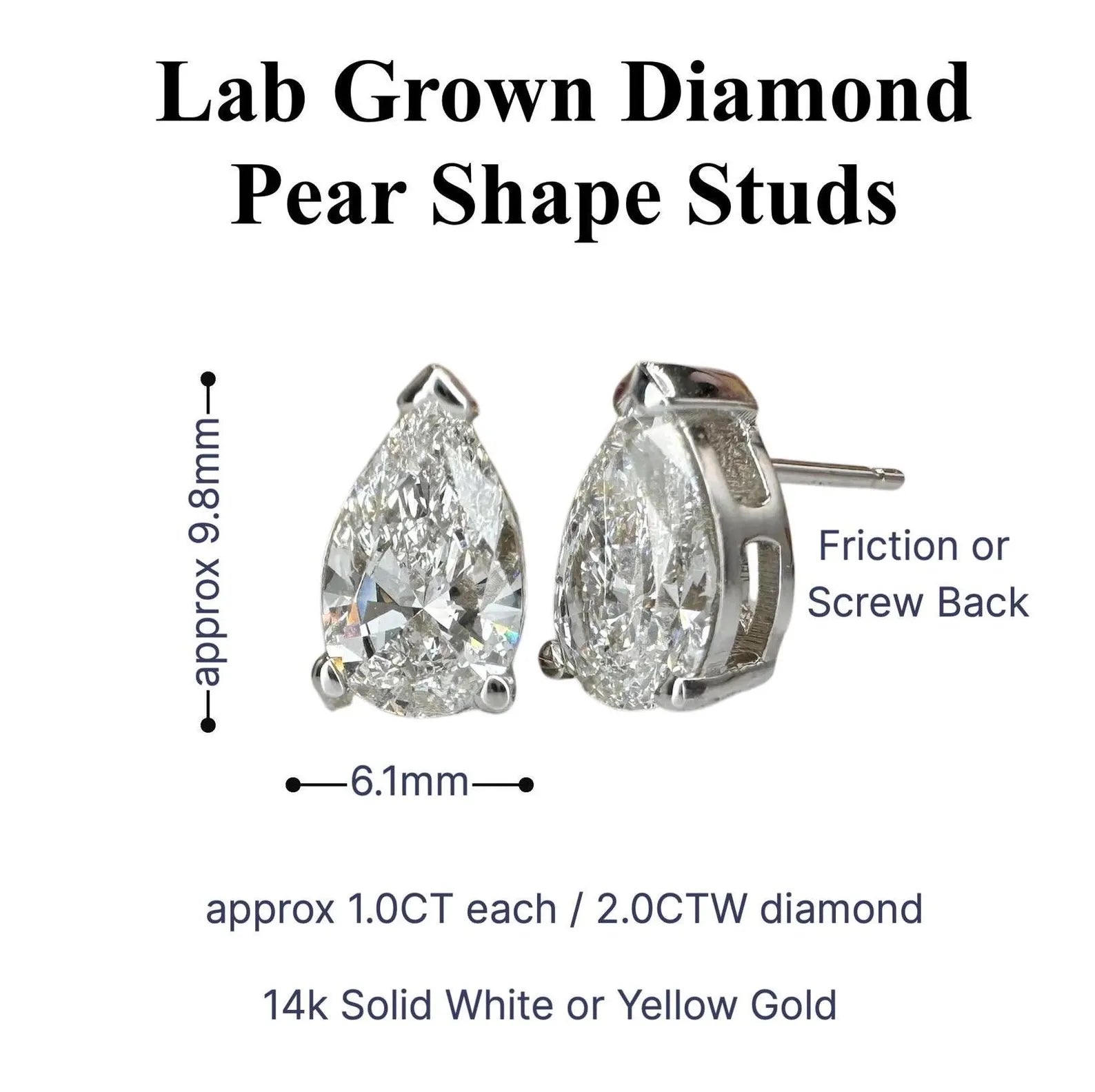2 Carat Pear Shape Lab grown Diamond Stud Earrings