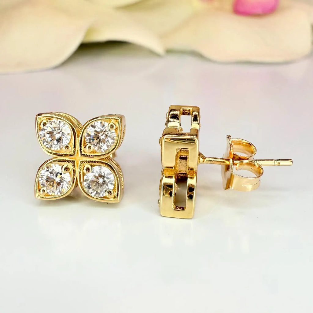 0.80 CTW Lab Grown Diamond Clover Stud Earrings 14K Solid Gold