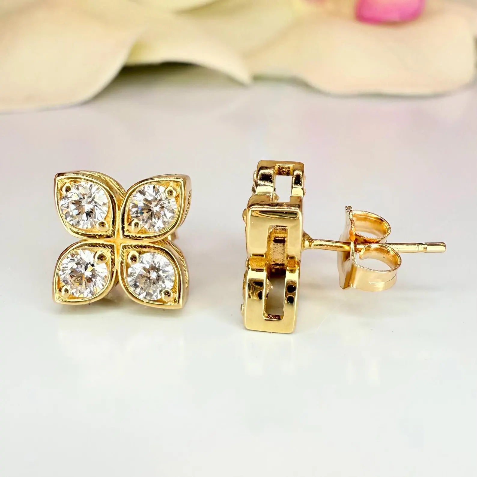 0.80 CTW Lab Grown Diamond Clover Stud Earrings 14K Solid Gold