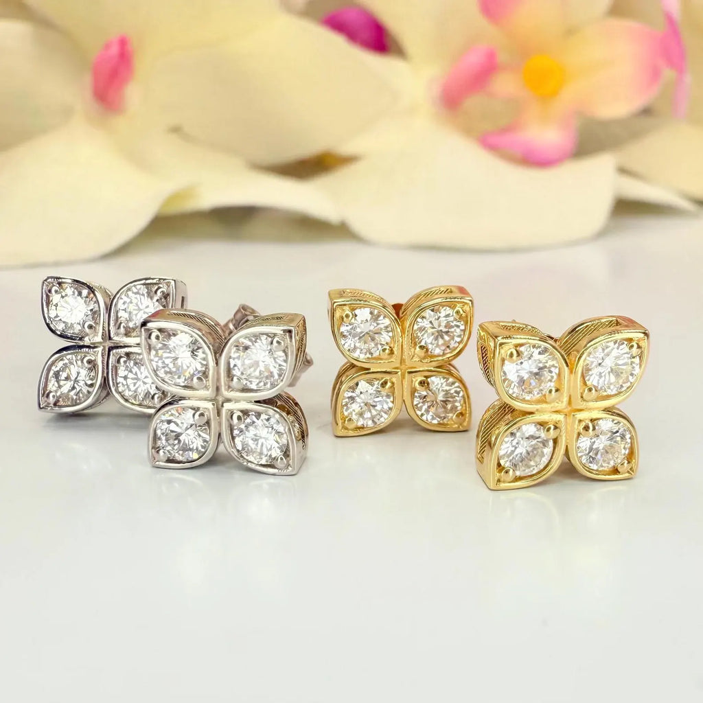 0.80 CTW Lab Grown Diamond Clover Stud Earrings 14K Solid Gold