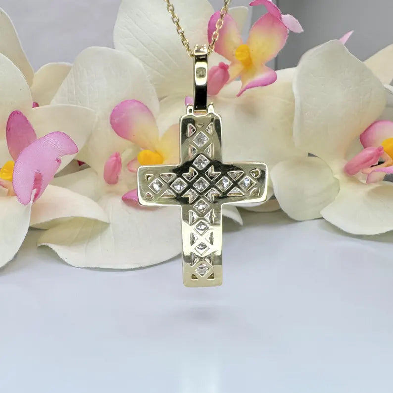 14K Solid Gold Lab Grown Diamond Cross Pendant