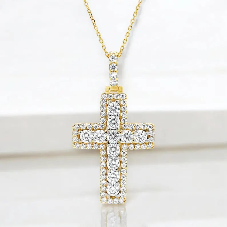 14K Solid Gold Lab Grown Diamond Cross Pendant