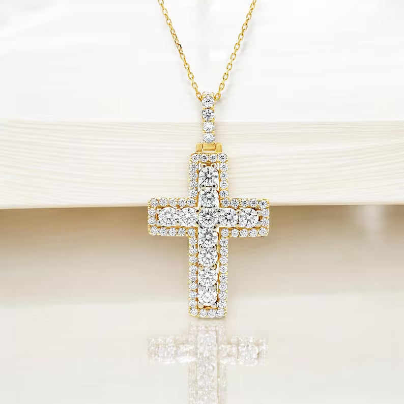 14K Solid Gold Lab Grown Diamond Cross Pendant