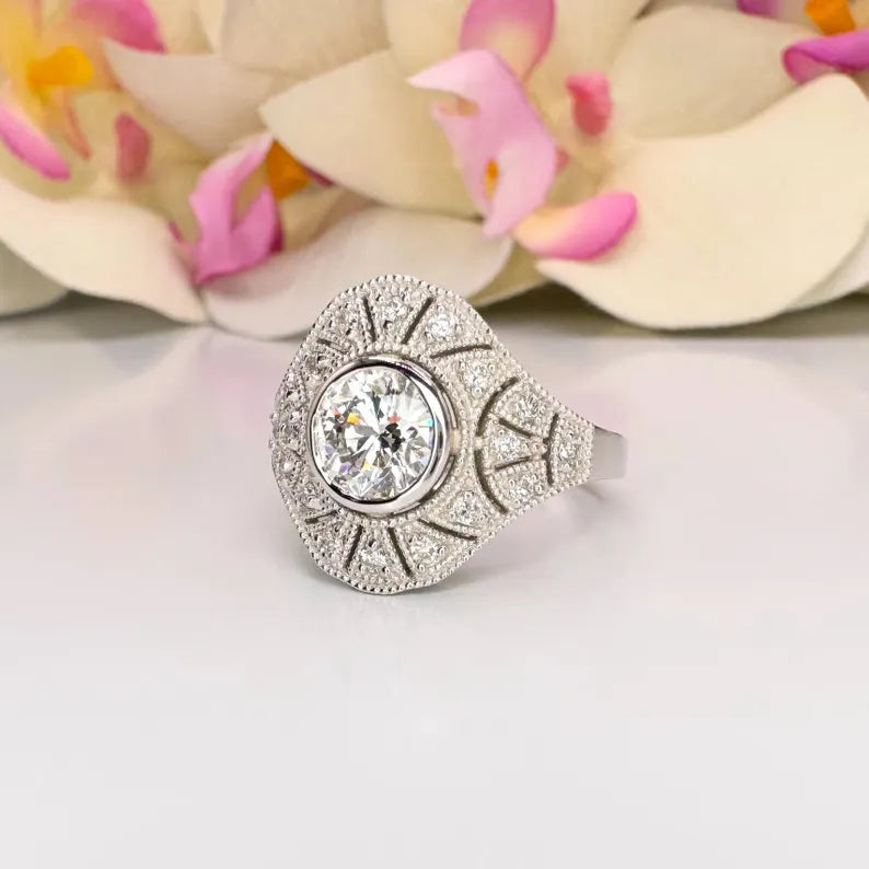 Vintage Lab Grown Diamond Ladies Fashion Ring 1.27 CTW 14K Solid Gold