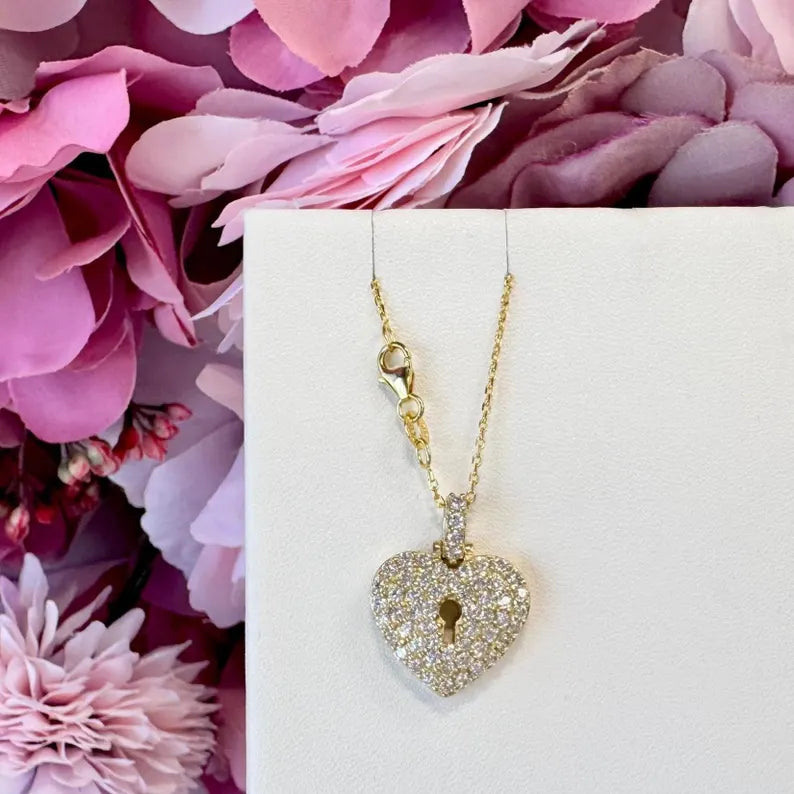 14K Solid Gold Lab Grown Diamond Puffy Heart With Key Hole