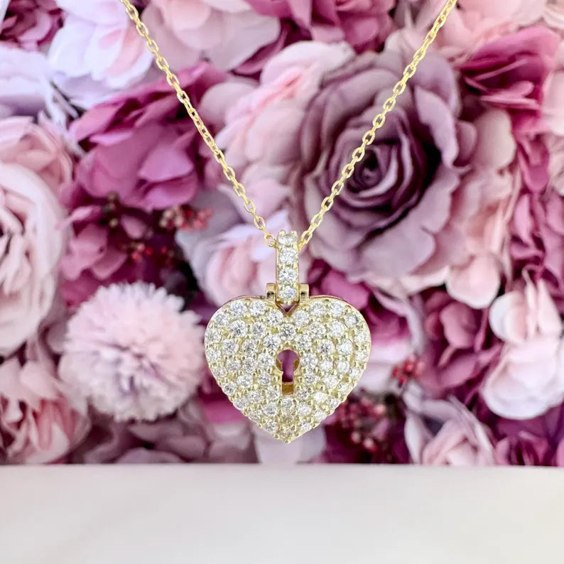 14K Solid Gold Lab Grown Diamond Puffy Heart With Key Hole